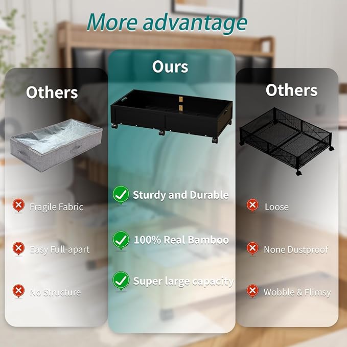 Bamboo Under Bed Storage Containers, Rolling Underbed Organizer with Wheels, Sturdy Under the Bed Shoe Storage Bins, Stackable Underbed Drawers for Bedroom Closet Clothing Toy 2 Packs (Black, Large)