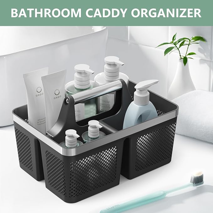 Black Shower Caddy Portable: Plastic Bathroom Caddy Organizer with Handle and Holes, Cleaning Caddy, Hard Shower Basket Storage Tote for Toiletry, College Dorm Room Essentials for Men