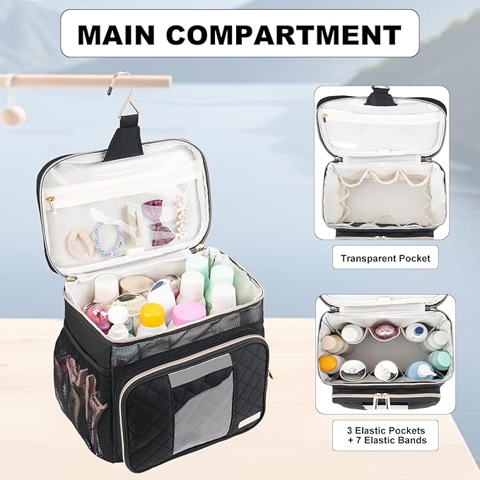 Portable Shower Caddy (Full Size Bottle Compatible),Travel Shower Tote Bag with Quick Dry Mesh Base,Hanging Toiletry Cosmetic Bag for Gym,College,Camping & Dorm, Black