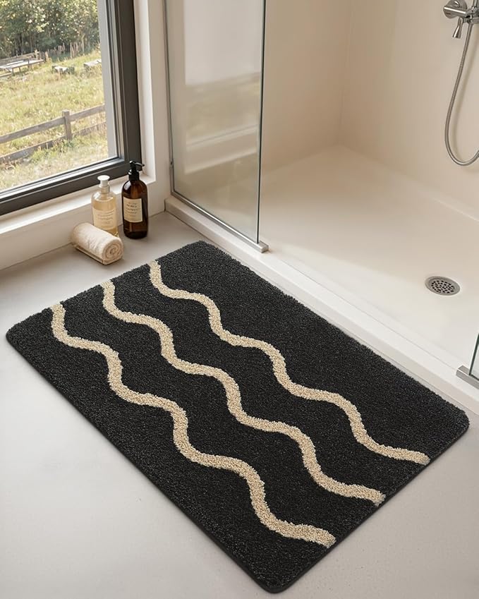 DEXI Wave Striped Bathroom Rug Washable, 20x32 Non Slip Bath Mat Absorbent, Ultra Soft Plush Microfiber Bathmat Quick Dry for Shower Floor, Tub, Sink, Black