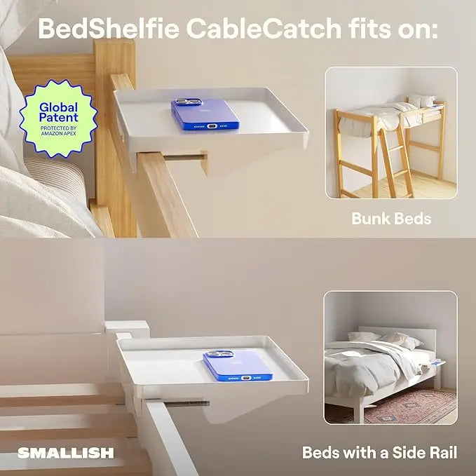BedShelfie Bedside Shelf for Dorm Room Bunk Bed & Top Bunk, College Dorm Room Essentials, Bedside Caddy, Clip on Floating Desk Tray, Bed Side Table Storage, Loft Nightstand Decor - Cable Catch, White BedShelfie
