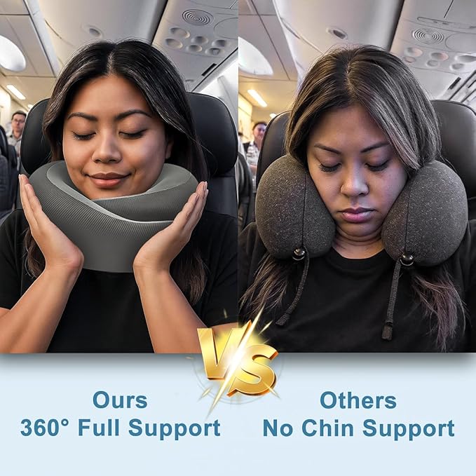 Neck Pillow for Traveling,Travel Neck Pillow for Airplanes,Cooling Fabric&100% Pure Memory Foam,Neck Pain Relief,Ergonomic Support for Long Flight (Gray, Compact Size-(Petite Fit)