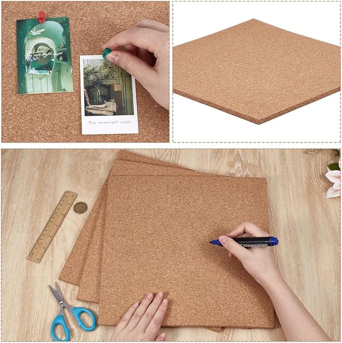 BENECREAT 4 Pcs Cork Sheets, 11.7x11.7 Inch Square Cork Board Tiles for Bulletin Boards, Wall Decorations and DIY Crafts(7mm Thick)