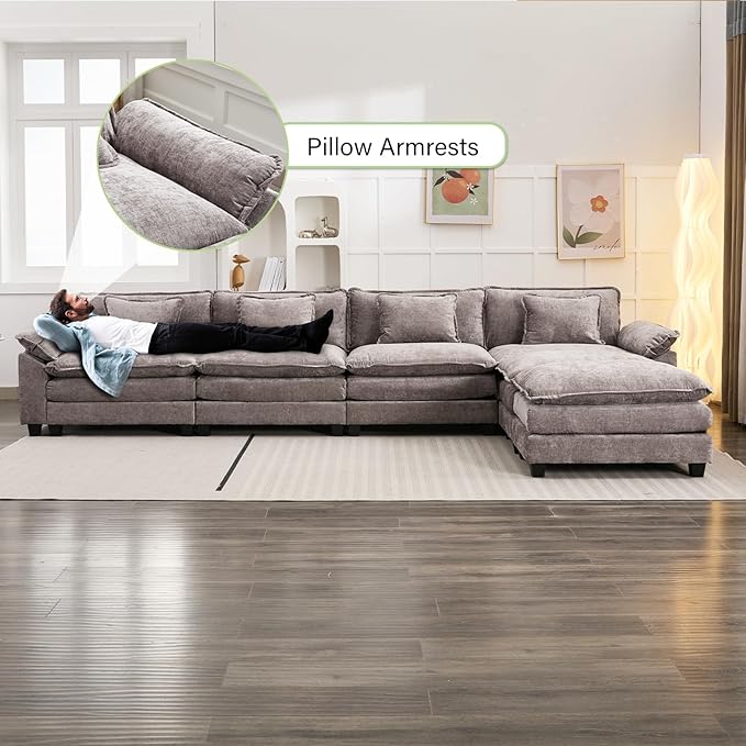 154" Modular Sectional Sofa, Comfy Cloud Couch Sectional Sofa with Ottoman, Chenille Sofa Sleeper Deep Seat Sofa with Throw Pillows for Living Room (Light Gray, 154"- U Shape)