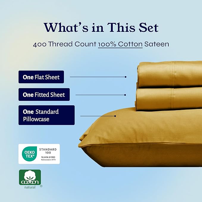 California Design Den Twin XL Sheet Sets - 400 Thread Count Sateen, 100% Cotton Sheets, Deep Pockets, and Durable Bedding for Dorm Rooms & Adults - Golden Mustard CaliforniaDesignDen