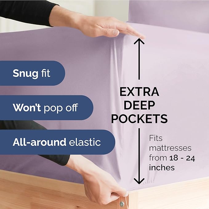 Extra Deep Pocket King Sheets - 4 Piece Breathable & Cooling Bed Sheets - Hotel Luxury Sheet Set - Soft, Wrinkle Free & Comfy - Easily Fits Extra Deep Mattresses - Deep Pocket Light Lavender Sheets