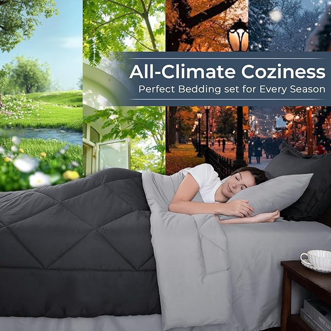 HEVUMYI Full Comforter Set - 7-Piece All Season Bed in a Bag Full, Ultra Soft Bedding Set with Comforter, Flat Sheet, Fitted Sheet, Pillowcases, Pillow Shams, Dark Grey & Light Grey