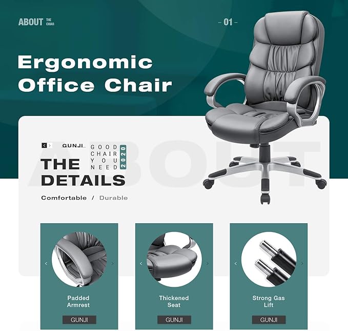 GUNJI Office Chair PU Leather High Back Executive Chair Ergonomic Computer Chair, Modern Adjustable Home Desk Chair Swivel Managerial Chair with Padded Armrests and Lumbar Support (Gray)