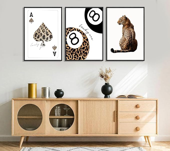 XLYFVLGF 3Pcs Trendy Leopard Canvas Wall Art Cheetah Prints Wall Decor Pictures Funky Lucky You 8 Ball Posters Preppy Aesthetic Paintings for Girls Bedroom Dorm Apartment Decoration 16x24 inch