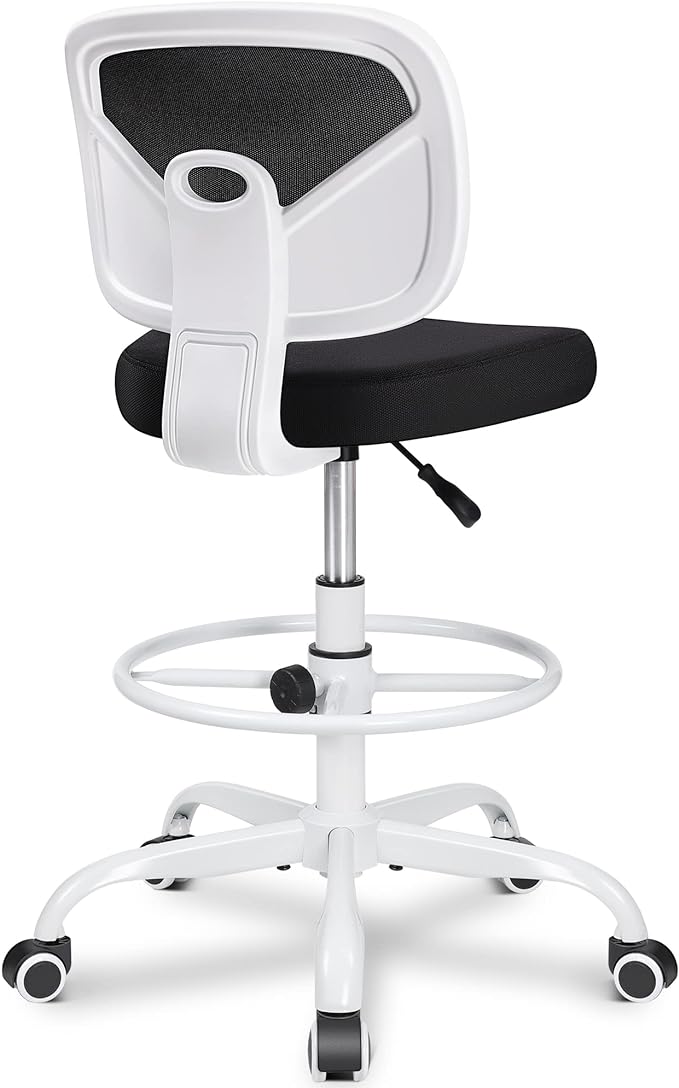 Primy Armless Mid-Back Ergonomic Standing Desk Chair - Mesh Rolling Tall Chair, Adjustable Height and Footring, Art Room, Office or Home (White)