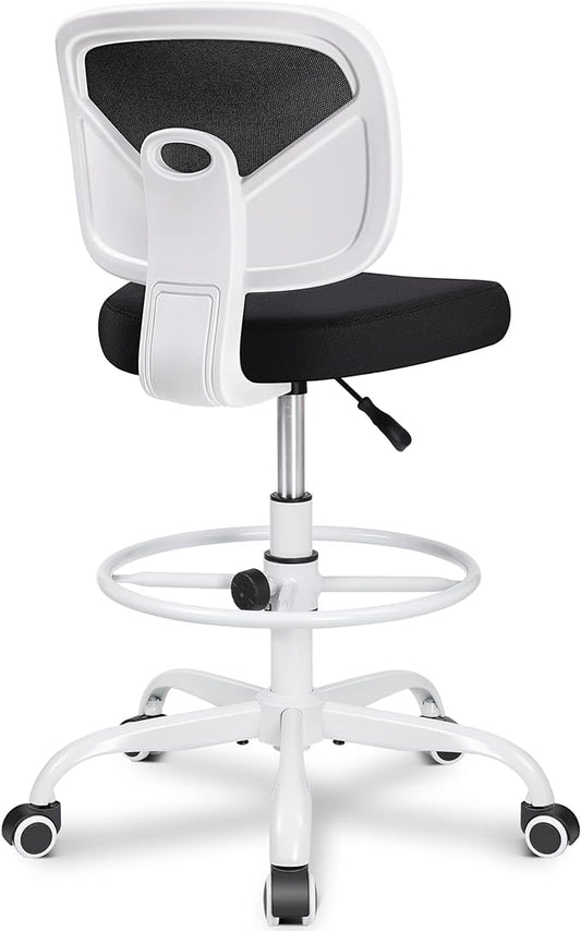 Primy Armless Mid-Back Ergonomic Standing Desk Chair - Mesh Rolling Tall Chair, Adjustable Height and Footring, Art Room, Office or Home (White)