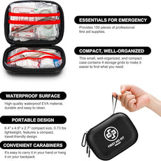Mini First Aid Kit - 150 Piece Small Waterproof Hard Shell Medical Kit for Home, Car, Travel, Camping, Truck, Hiking, Sports, Office, Vehicle & Outdoor Emergencies (Black)