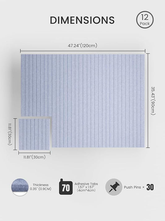 Bumusty Large Cork Board Alternative-47 x35 Felt Bulletin Board Tiles, with 30 Pushpins, 70 Adhesive Tabs, 12-Pack Slat Wall Paneling, Cork Boards for Office Push Pin Board Felt Board-Soft Periwinkle