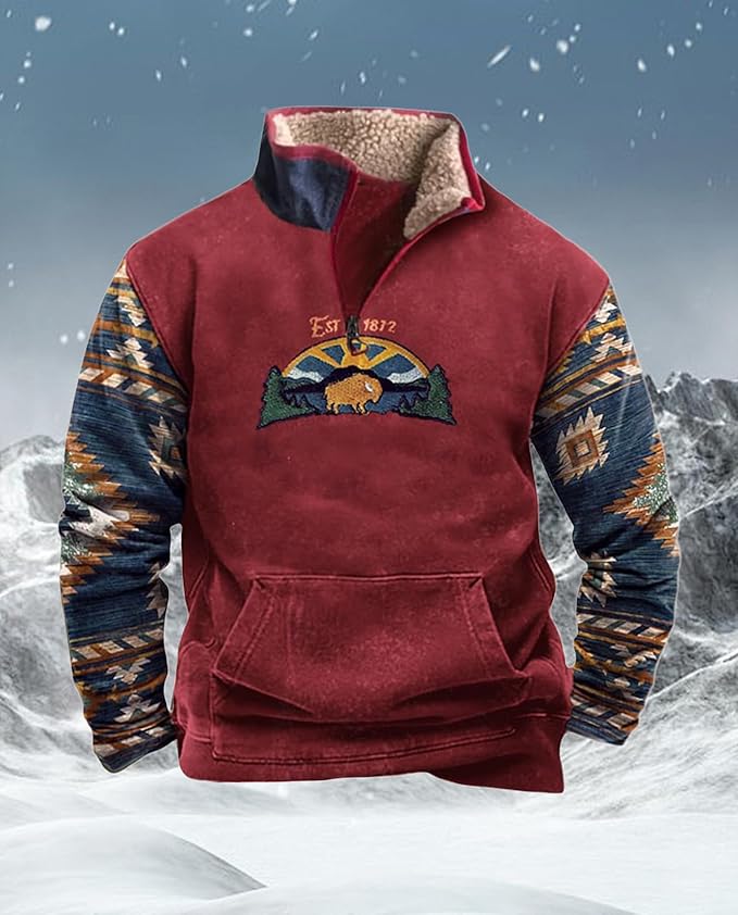 Western Sweatshirts for Men Aztec Cowboy Vintage Graphic Fleece Hoodie Mens Quarter Zip Pullover Country Jacket