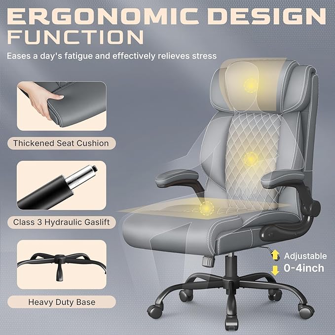 Office Chair, Ergonomic Big and Tall Executive Desk Chair, Breathable Leather Chair with Adjustable Flip-up Armrests, Lumbar Support Swivel Computer Chair with Rocking Function (Gray)