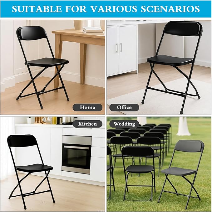 10 Pack Black Plastic Folding Chairs for Outside, Portable Stackable Commercial Metal Foldable Chairs with Steel Frame for Home Events Office Wedding Party, 350lbs Capacity