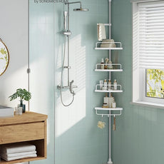 SONGMICS Corner Shower Caddy Tension Pole, 4-Tier Rust-Resistant Shower Organizer, Shower Shelf, Drill-Free, 35.8 to 118.1 Inches, Height Adjustable Trays, for Bathroom, Cloud White UBCB008W01