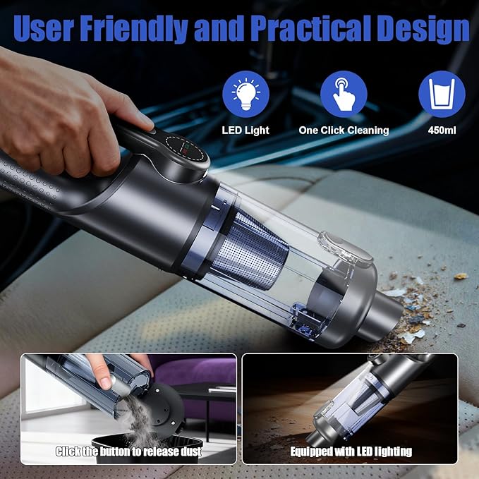 Car Vacuum Portable Cordless-19000 Pa 4 in 1 Handheld Vacuum Cordless Brushless Motor with LED Light and Multi-Nozzles, One-Touch dust Removal for Car, Home, Office, Pet, Black