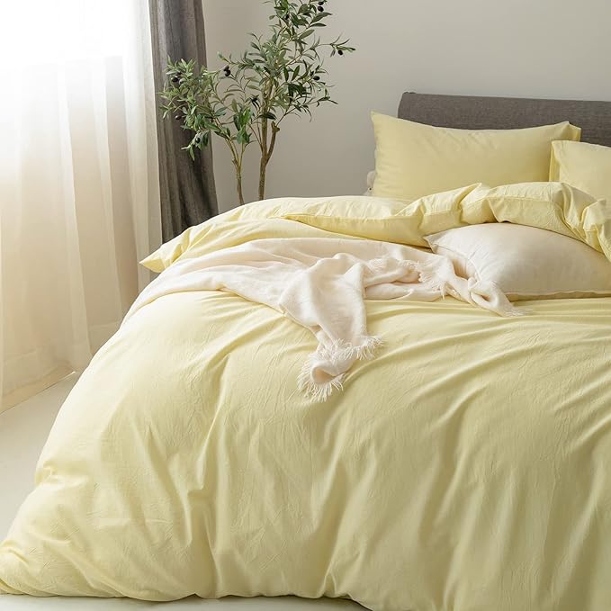 FOSSA Duvet Cover Set 100% Washed Cotton Linen Feel Super Soft Breathable Cozy 3 Pieces Bedding Sets Solid Pastel Yellow Super Queen