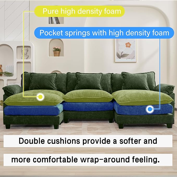 120" Modular Sectional Sofa, Comfy Cloud Couch Sectional Sofa with Ottoman, Chenille Sofa Sleeper Deep Seat Sofa with Throw Pillows for Living Room (Green, 120"- U Shape)