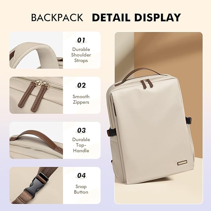 Stylish Laptop Backpack for Women Airline Approved Perfect for Work College and Travel Multi-Functional Casual Daypack Fits 17.3 Inch Notebook (Apricot)