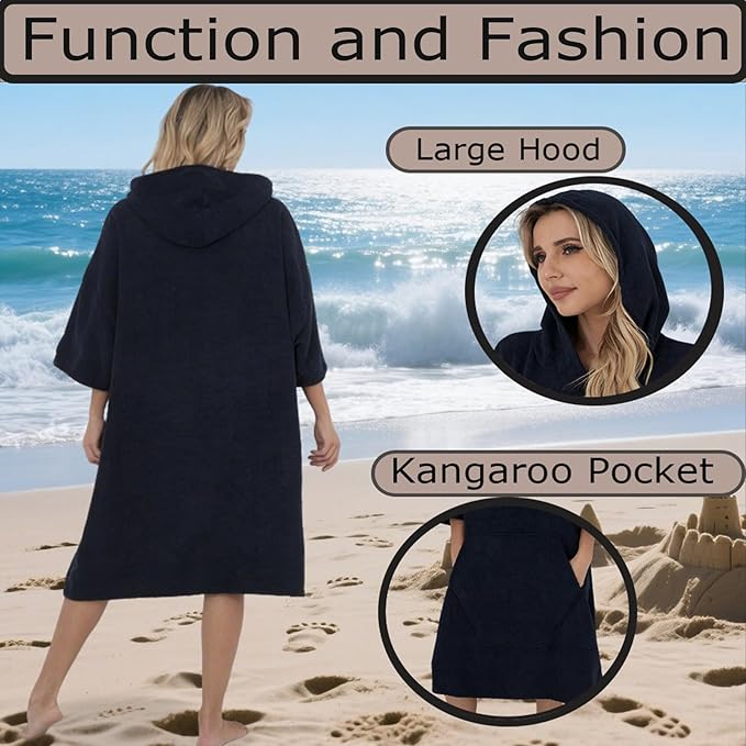 Surf Poncho Hooded Beach Towel, Quick Dry Terry Cloth, Extra Large Changing Robe with Pockets for Adults, Unisex Navy Blue Cover-Up for Swim, Bath, Beach, Gift for Swimmer Lovers
