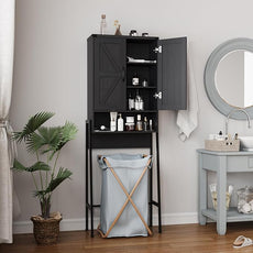 Over The Toilet Storage Cabinet with 2-Door Design Bathroom Organizers and Storage with Anti-Tip Device Over Toilet Organizer with Shelves for Bathroom,Restroom,Laundry Black