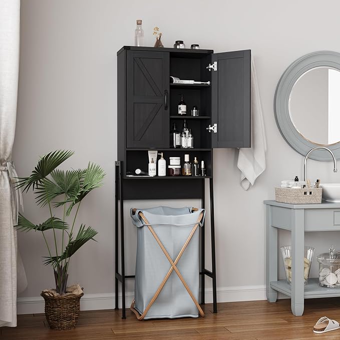 Over The Toilet Storage Cabinet with 2-Door Design Bathroom Organizers and Storage with Anti-Tip Device Over Toilet Organizer with Shelves for Bathroom,Restroom,Laundry Black