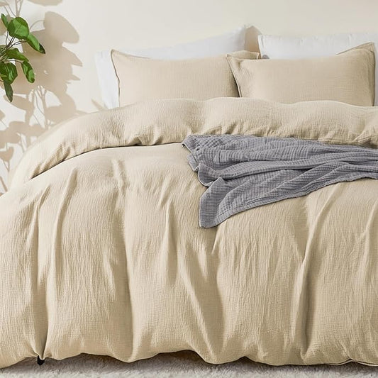 EMME Muslin Cotton Duvet Cover Set Light Tan King Size Linen Like Soft Breathable Lightweight Summer Comforter Cover Set with Zipper Closure (Light Tan, King, 104"x90")