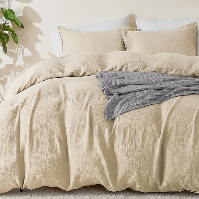EMME Muslin Cotton Duvet Cover Set Twin Size Light Tan Linen Like Soft Breathable Lightweight Summer Comforter Cover Set with Zipper Closure (Light Tan, Twin, 68"x90")
