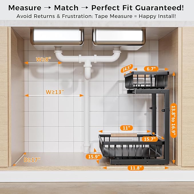 Under Sink Organizer,2 Pack Under Kitchen Sink Organizer,2 Tier Sliding-Out,5 Level Height Adjustable,Thickened Carbon Steel,Anti-rust Treatment,For Kitchen Bathroom Black