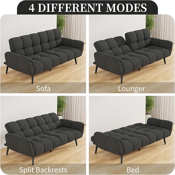 Futon Sofa Bed, Convertible 77" Modern Linen Futon Couch, Comfy Sleeper Sofa with Adjustable Backrests, Couch Bed for Small Spaces, Living Room, Bedroom, Apartment, Dark Gray