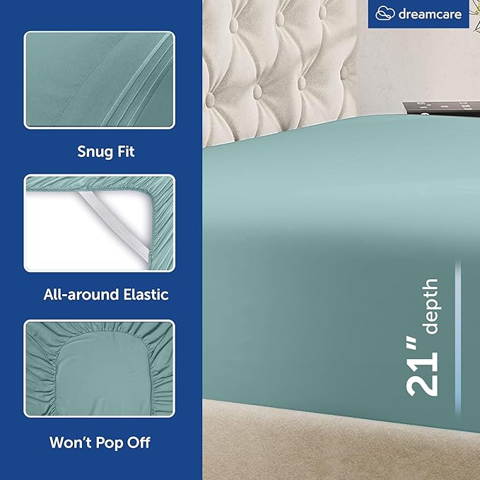 DREAMCARE King Size Sheets Set – 4 pcs Cooling Sheets – up to 21” Deep Pocket King Sheet Set – Hotel Luxury Sheets & Pillowcases – Superior Softness 100% Microfiber with Side Pocket - Spa Blue DREAMCARE