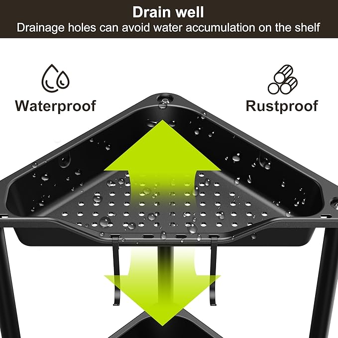Orimade Rustproof 3 Tier Floor Standing Corner Shower Caddy Organizer, Plastic Metal Splicing Floor Corner Shelf Rack Stands for Bathroom, Black