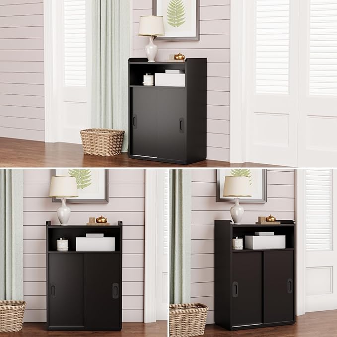 Adjustable Storage Cabinet with Sliding Doors, Multi-Functional Organizer with 2-Tier Shelves (Black)