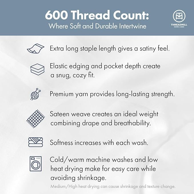 Threadmill 100% Cotton Sheets for Queen Size Bed - 600 Thread Count Queen Bed Sheets Set with 16” Deep Pocket - Sateen Weave 4-Piece Bedding Set with Cooling Effect, White