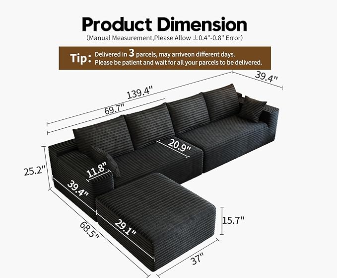 139.4" Modular Sectional Sofa, L-Shaped Minimalist Couches with Ottoman Chaise, Modern Deep Seat Convertible Sleeper Sofa,Cloud Plush Corduroy Fabric, No Assembly Required, 5 Seater, Black