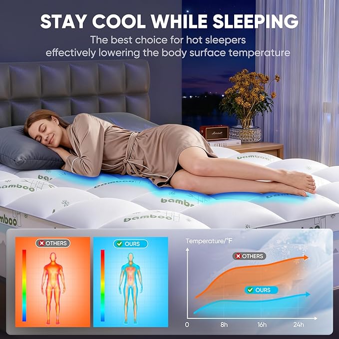 Queen Mattress Topper, 3 in 1 Memory Foam Mattress Topper for Back Pain, 2" Fluffy Cooling Mattress Toppers Queen Breathable Viscose Made from Bamboo and 2.5" Dual Firmness Gel Memory Foam.