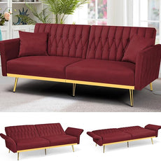 70” Velvet Futon Sofa Bed with 2 Pillows and Adjustable Armrests, Convertible Sleeper Bed W/Adjustable Backrests, Modern Loveseat for Living Room, Bedroom, Red