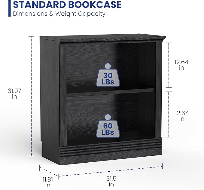 2-Shelf Bookcase, 32" Tall Floor Standing Bookshelf with Adjustable Shelves, Storage & Display Shelf for Living Room, Bedroom, Home Office – Black, 31.5" Wide