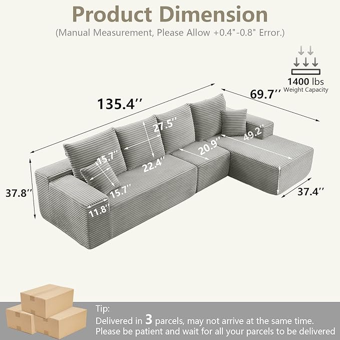135" Cloud Sectional Couch with L-Shape Chaise, Modern Modular Comfy Sofa Chaise Longue, Upholstered Corduroy Couches Sleeper with Deep Seat for Living Room Bedroom, No Assembly Required, Grey