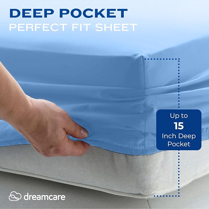 DREAMCARE Queen Size Sheets - Cooling Bed Sheets - 4pcs Set - up to 15" Deep Pocket Queen Sheet Set - Sheets Queen Size Bed - Soft & Long Lasting 100% Fine Brushed Polyester with Side Pocket - Lblue DREAMCARE