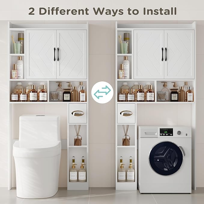 MHOM 67.8" H Over The Toilet Storage Cabinet with Adjustable Shelves & Toilet Paper Holder, Farmhouse Over Toilet Bathroom Organizer, Double Door Toilet Cabinet for Bathroom, and Laundry, White