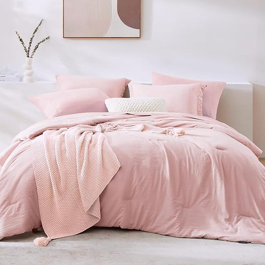 WRENSONGE Queen Comforter Set - 7 Pieces Soft Pink Soft Bed in a Bag Queen with Sheets, 2 Pillow Shams, and 2 Pillowcases- Warm Bedding Sets for All Season