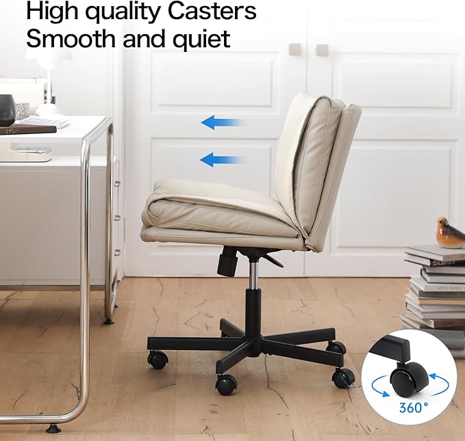 LEAGOO Criss Cross Chair with Wheels, Genuine Leather Armless Cross Legged Office Chair, Comfy Desk Chair, Modern Swivel Height Adjustable Computer Task Chair, Wide Seat Cute Chair for Home Office