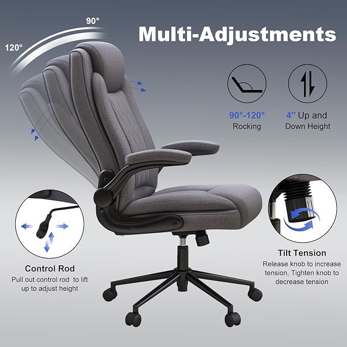 ralex-chair Big and Tall Office Chair -500 lb Heavy Duty Office Chair for Big Man, Fabric High Back Executive Office Desk Chair with 120° Tilt Rock,Computer Desk Chair with flip up arm - Grey