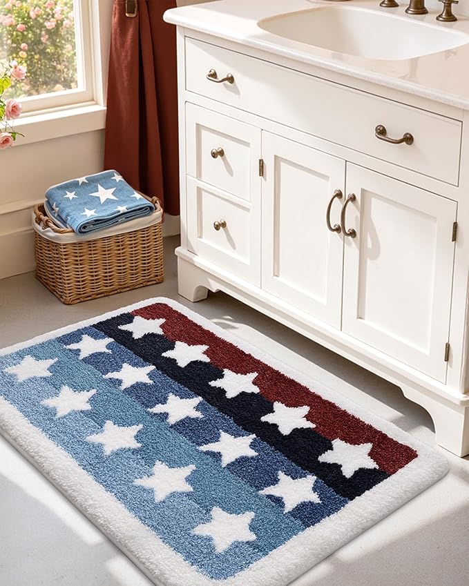DEXI Rustic Star Bathroom Rug, 24x36 Non Slip Washable Bath Mat Absorbent, Ultra Soft Plush Microfiber Bathmat Quick Dry for Shower Floor, Tub, Sink, Colorful Stripes