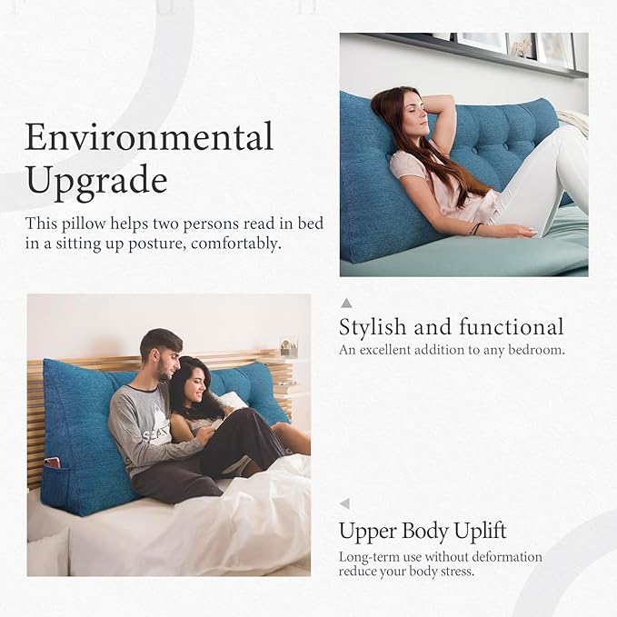 8 lbs Thickened Twin Headboard Pillow Wedge College Dorm Bed Pillow for Backrest Reading Triangular Pillow with Side Pocket for Sitting in Bed, Dorm Bedding Essentials for Girls & Boys Blue