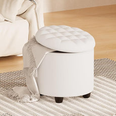 Furniliving Upholstered Button Tufted Round Ottoman, PU Storage Ottoman Round, Removable Lid Convenient Footstools, Classic Ottoman with Storage for Vanity, Nursery Room，IvoryWhite