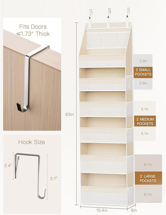 Criusia Over the Door Organizer, 6-Shelf Closet Hanging Storage with 13 Mesh Pockets, 55lbs Capacity Behind the Door Storage for Baby Nursery, Bathroom, Bedroom, and Dorm, Beige